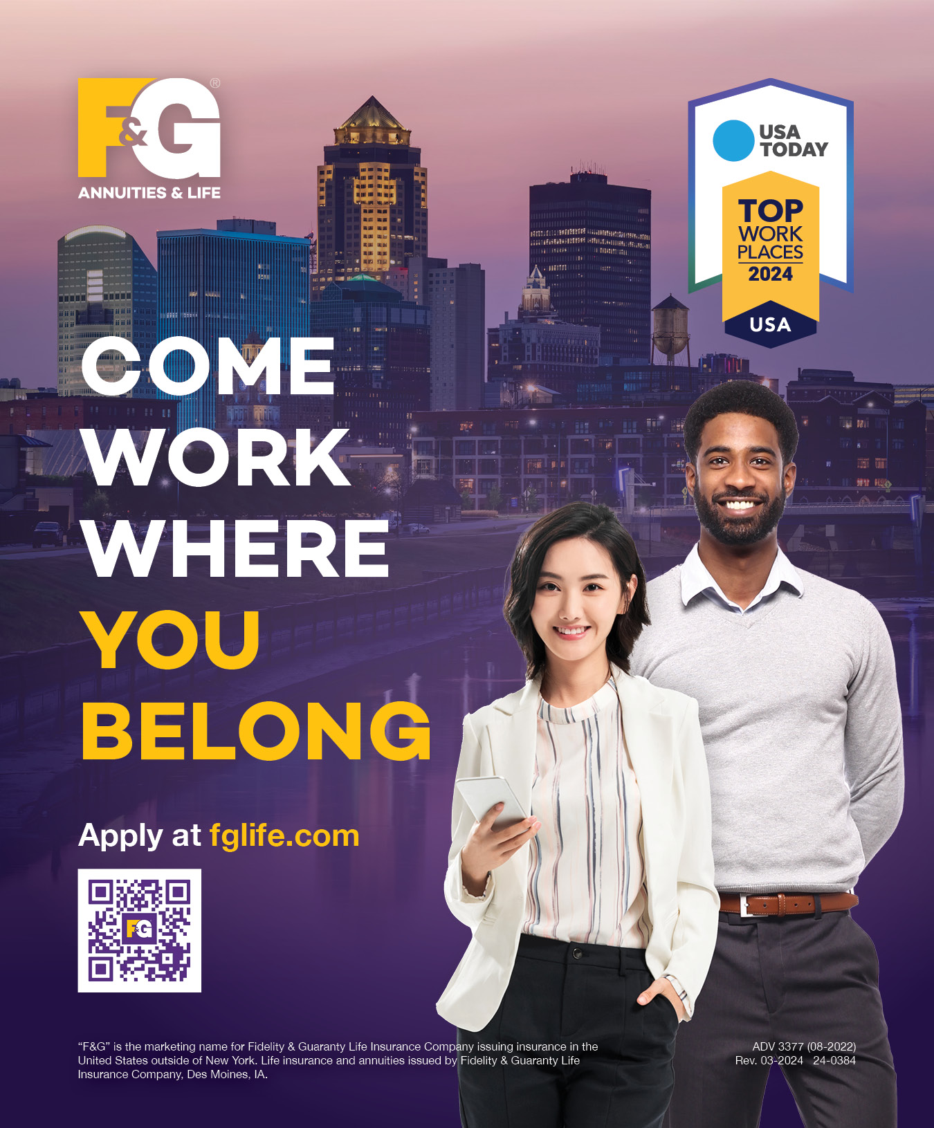 Advertisement for F&G as a top workplace in 2024 featuring two young business people